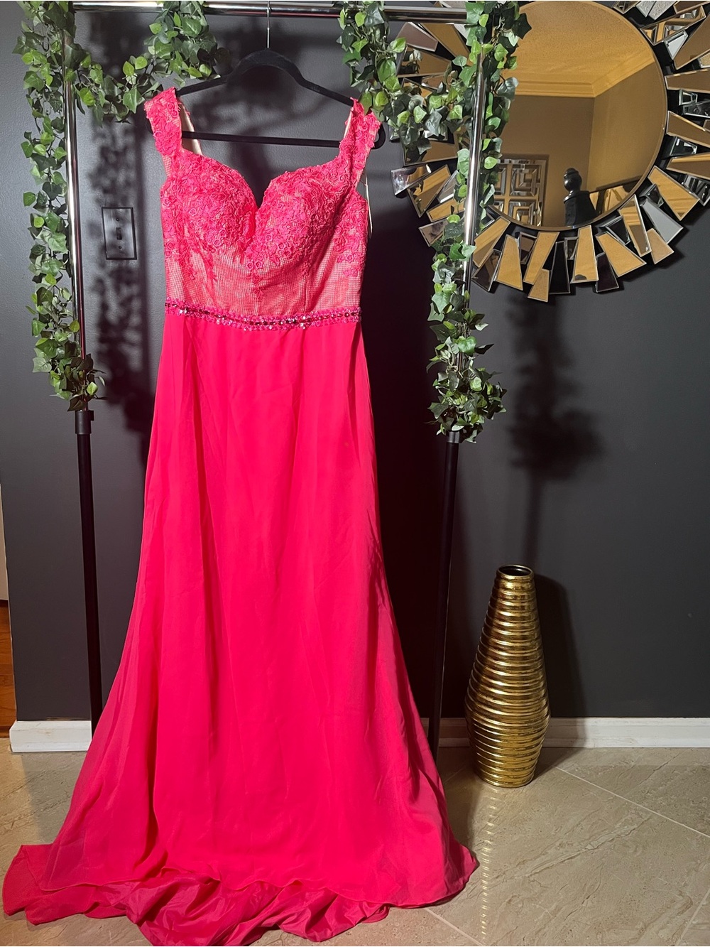 Hot Pink Lace Bodice Evening Gown